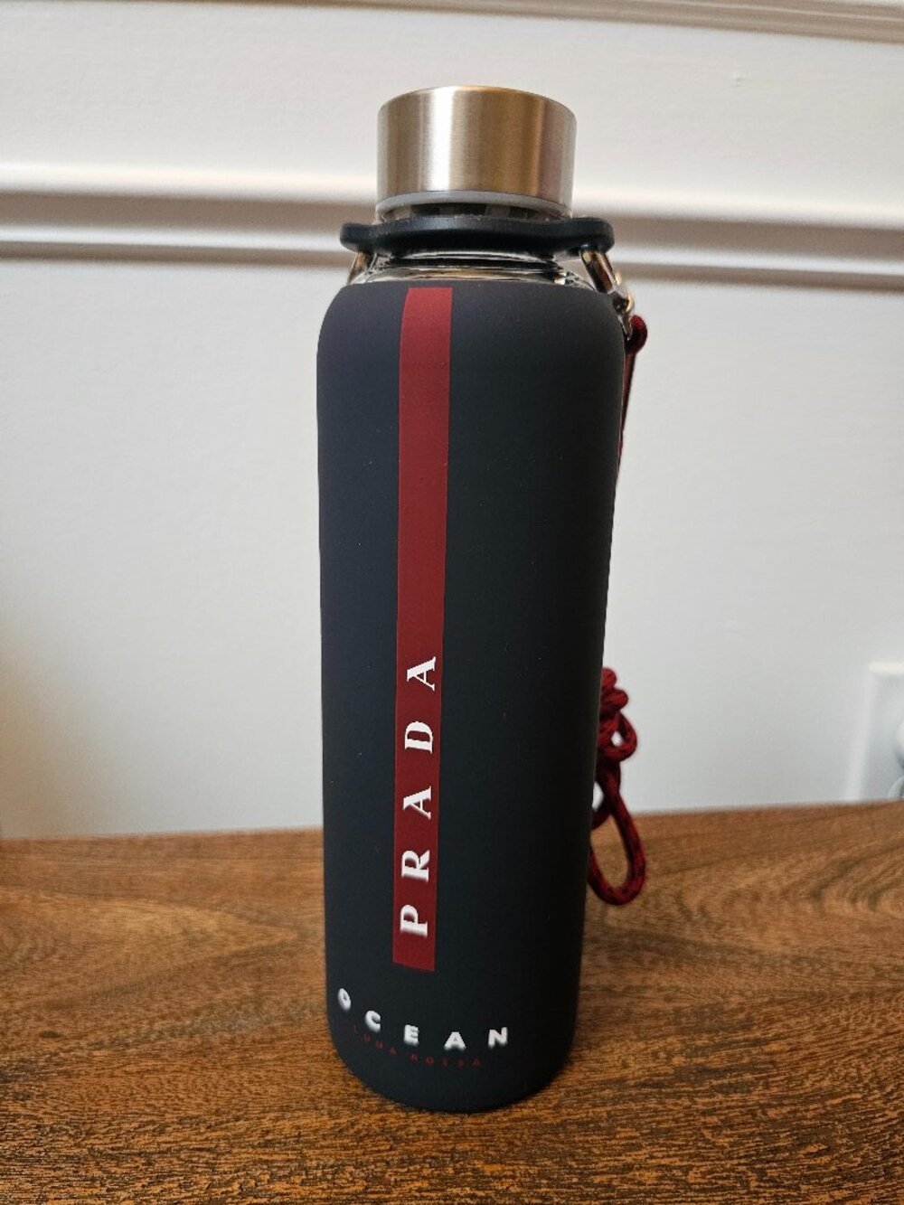 Prada Black Glass Water Bottle w/ Silicone Sleeve